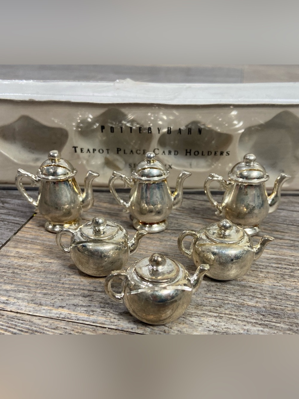 Pottery Barn Tea Pot Place Card Holders set of 6 Silver Plated Miniature
